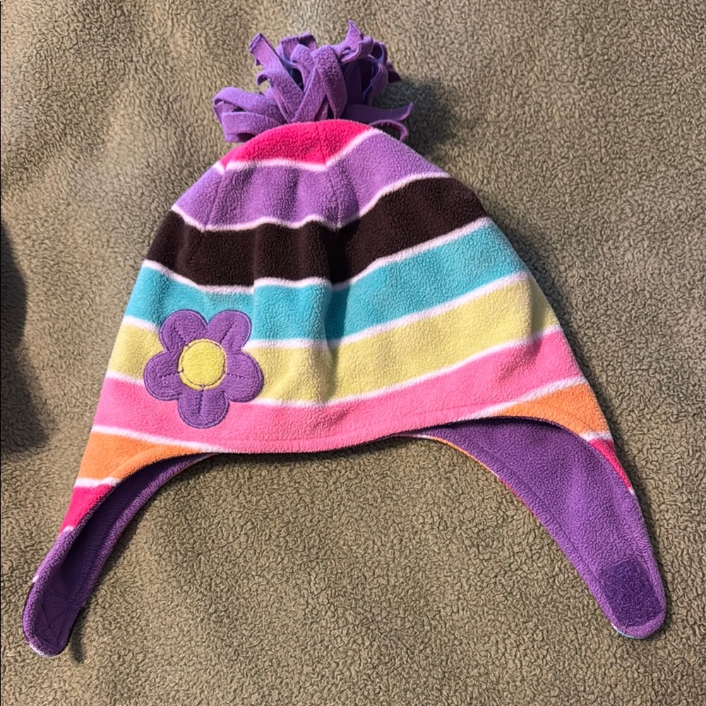 Colorful Striped jumping Beans 6-18 month Fleece Hat with Flower